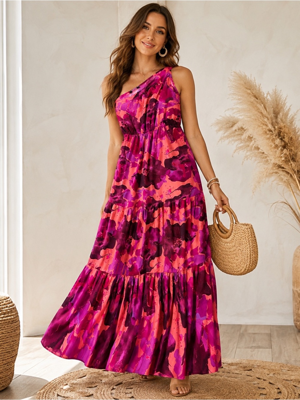 PrettyGarden Pink Floral One Shoulder Tiered Maxi Dress Size
